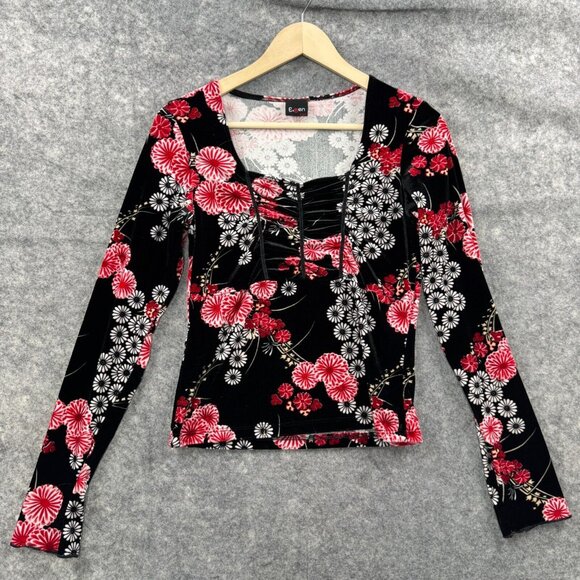 E Gen Tops - E Gen Top Womens M Black Red Floral Velvet Ruched Y2K VTG Vamp Whimsigoth Fairy